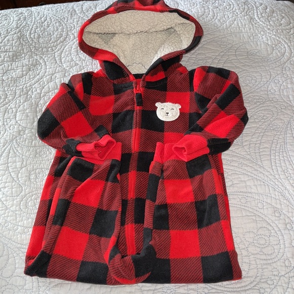 Red and black large check fleece hoodie one Piece. 9 months buffalo check - Picture 3 of 6